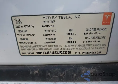 2018 Tesla Model S 100D/75D/P100D из США, поврежденный, VIN 5YJSA1E22JF293750